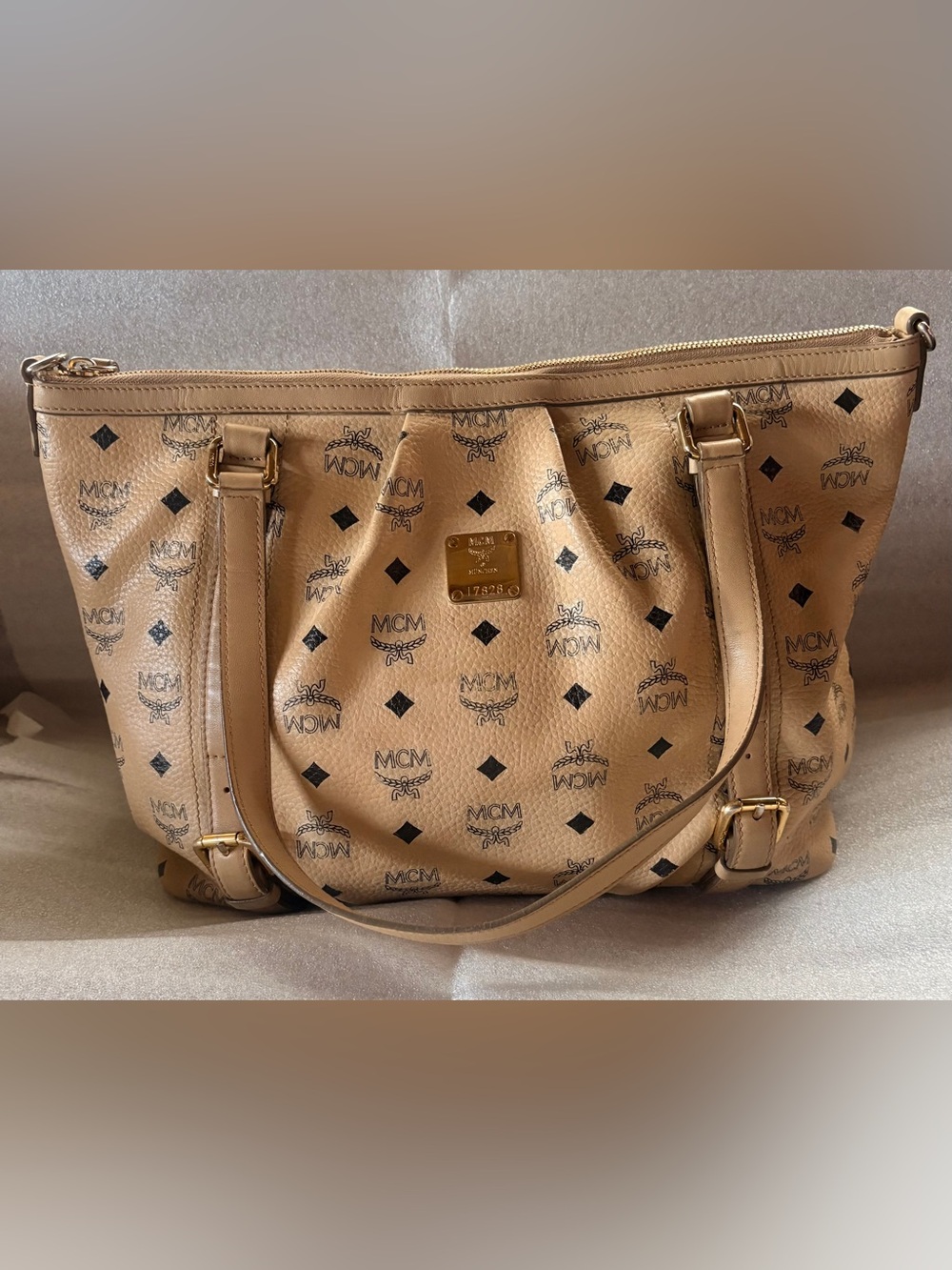 MCM Visetos Leather Shopper Tote Beige Navy Monogram Gold Hardware Shoulder Bag